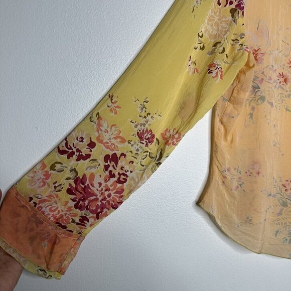 J Jill Ruffle Sheer Blouse Button Front Size S Floral Yellow Orange Cottagecore - Picture 4 of 14